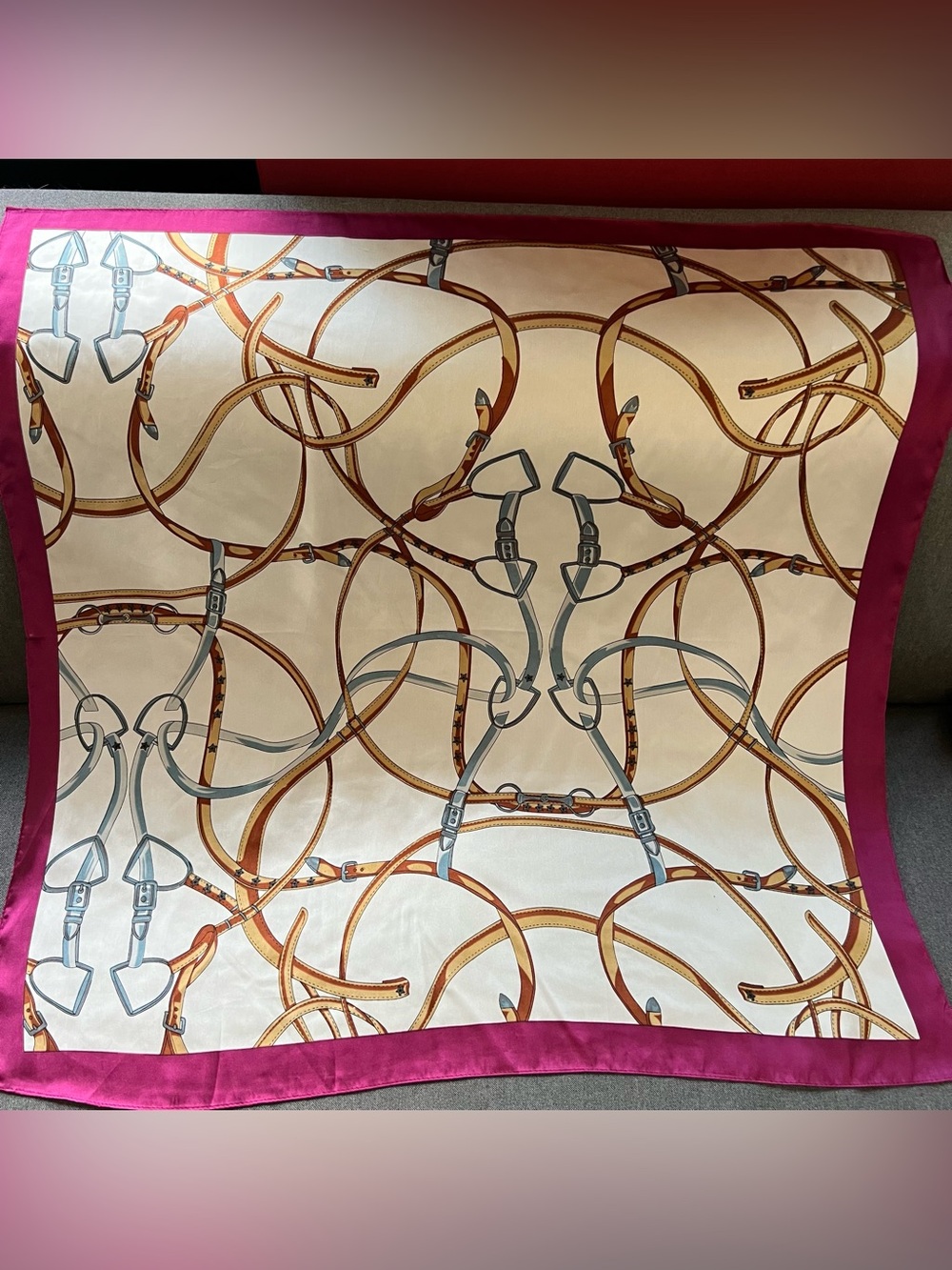 Vintage 100% Silk Horse Bit & Stirrup Equestrian Square 28” Scarf Berry Pink - Picture 4 of 12